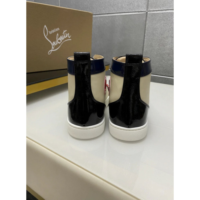Christian Louboutin Cream Navy Red Spiked 20mm High‑Top Sneakers