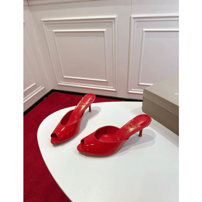 Christian Louboutin Red Patent Peep‑Toe Kitten Heel Mules
