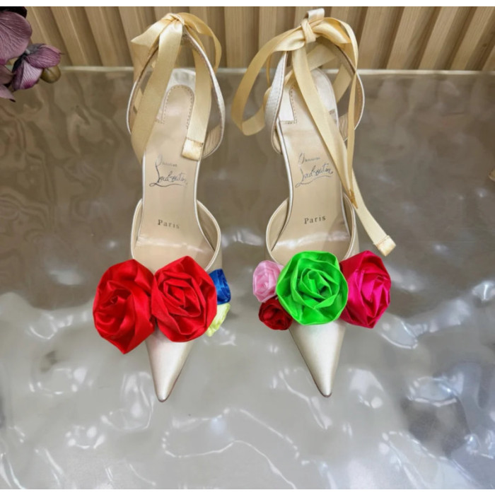 Christian Louboutin Ivory Satin Multicolor Fabric Flower 100mm Stiletto Heel Slingback Pumps