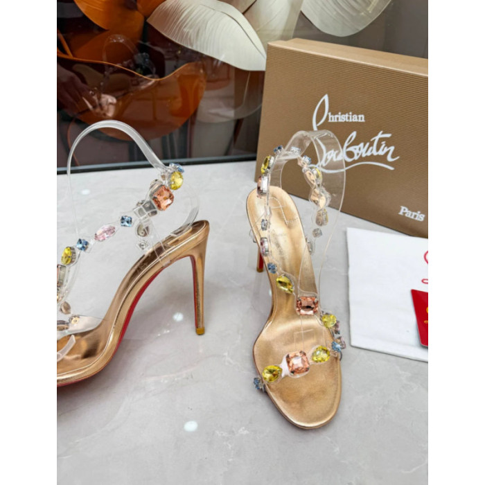 Christian Louboutin Gold Metallic Multicolor Crystal‑Embellished 100mm Stiletto Heel Slingback Sandals
