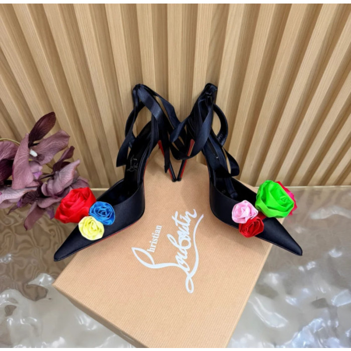 Christian Louboutin Black Satin Multicolor Fabric Flower 100mm Stiletto Heel Slingback Pumps