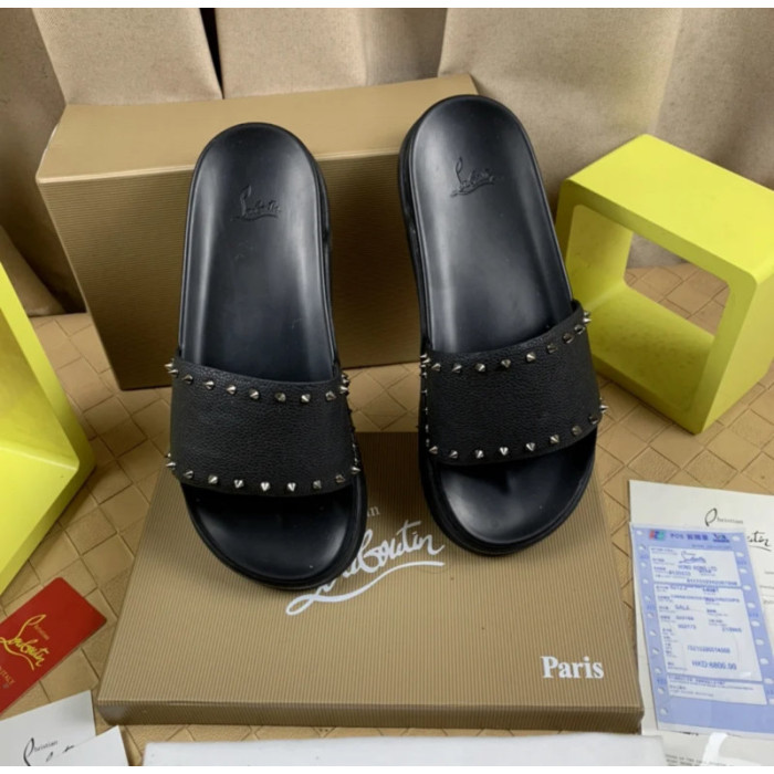 Christian Louboutin Black Grain‑Leather Spiked Flat Slide Sandals