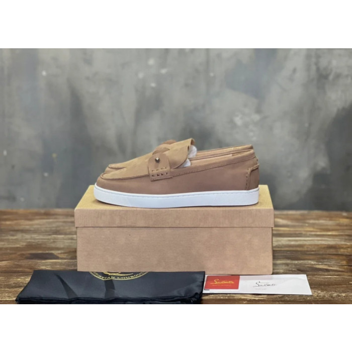 Christian Louboutin Taupe Nubuck Metal‑Bar Slip‑On Loafers