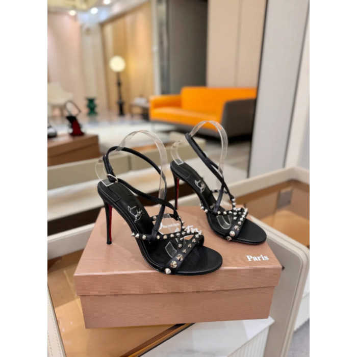 Christian Louboutin Black Leather Studded Crisscross Slingback High Heel Sandals