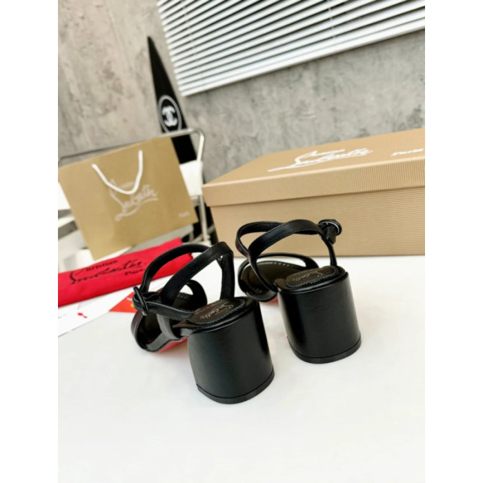 Christian Louboutin Black Leather Block heel Ankle Strap Sandal