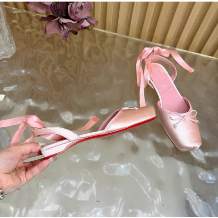 Christian Louboutin Pink Satin Bow Ankle‑Tie Slingback Ballet Flats