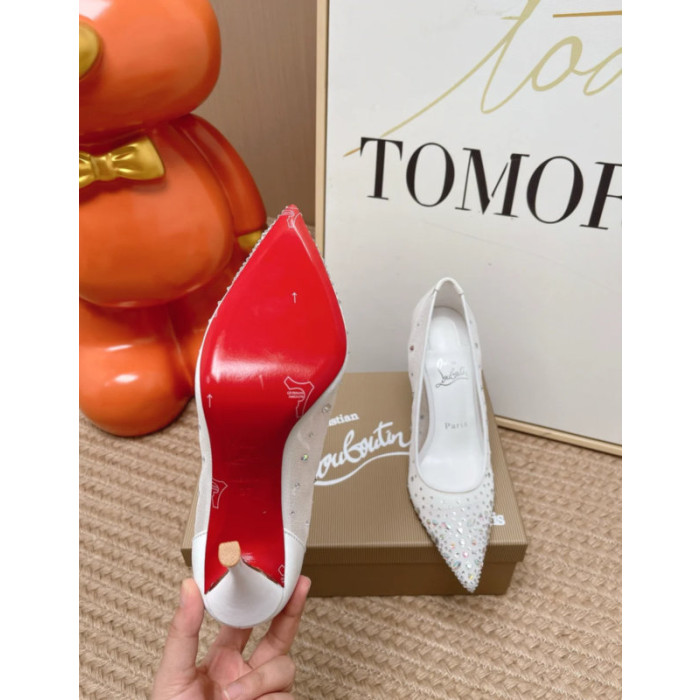 Christian Louboutin White Mesh Crystal‑Embellished 100mm Pointed‑Toe Stiletto Heel Pumps