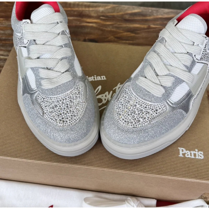 Christian Louboutin Silver Glitter Crystal Spiked Low‑Top Sneakers
