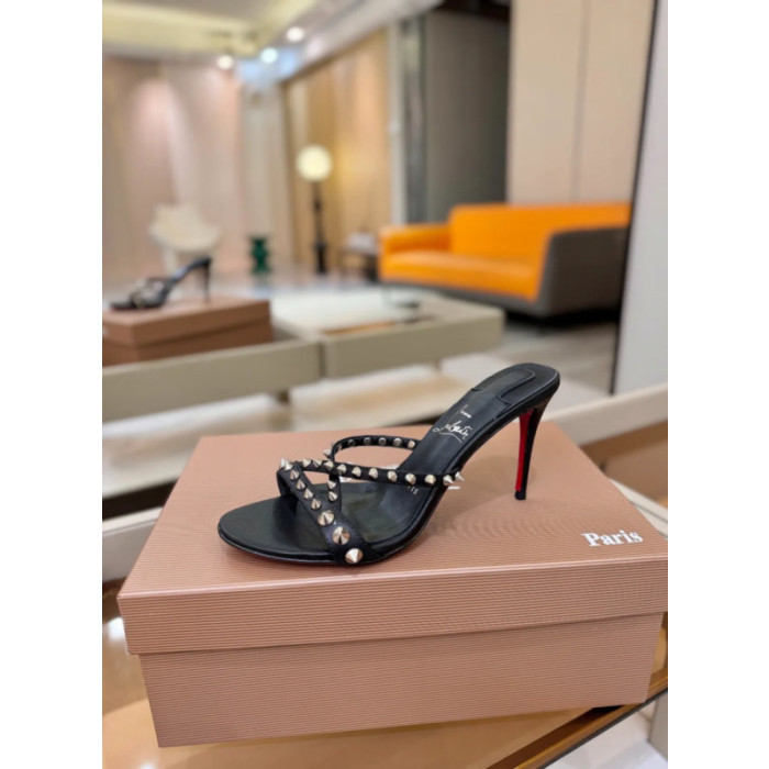 Christian Louboutin Black Nappa Leather 100mm heel Silver‑Spiked Mule High‑Heel Sandals
