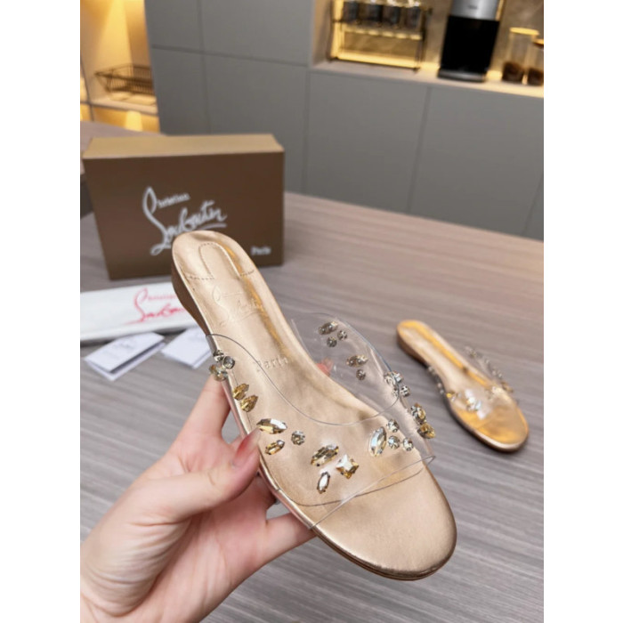 Christian Louboutin Clear Strap Crystal‑Embellished Gold Flat Slide Sandals