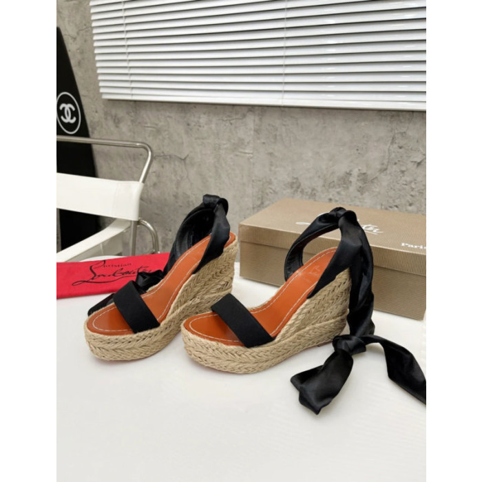Christian Louboutin Black Textile 120mm heel Wedge Ankle‑Wrap Espadrille Sandal