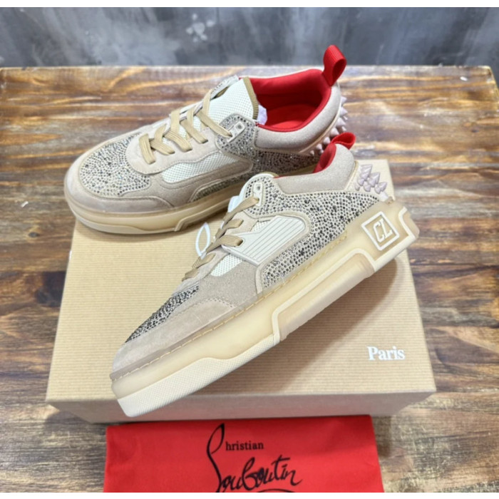 Christian Louboutin Beige Suede Crystal Spiked Platform Low‑Top Sneakers