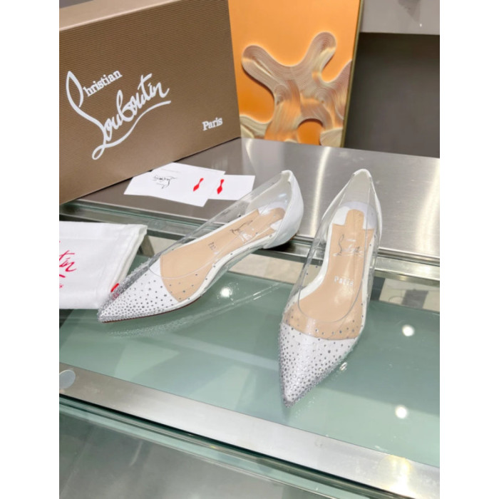 Christian Louboutin Clear PVC White Crystal Pointed‑Toe Flat Pumps