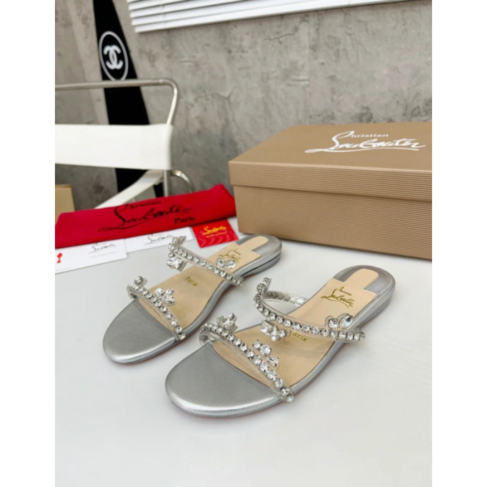 Christian Louboutin Silver Crystal Embellished Flat Slide Sandal