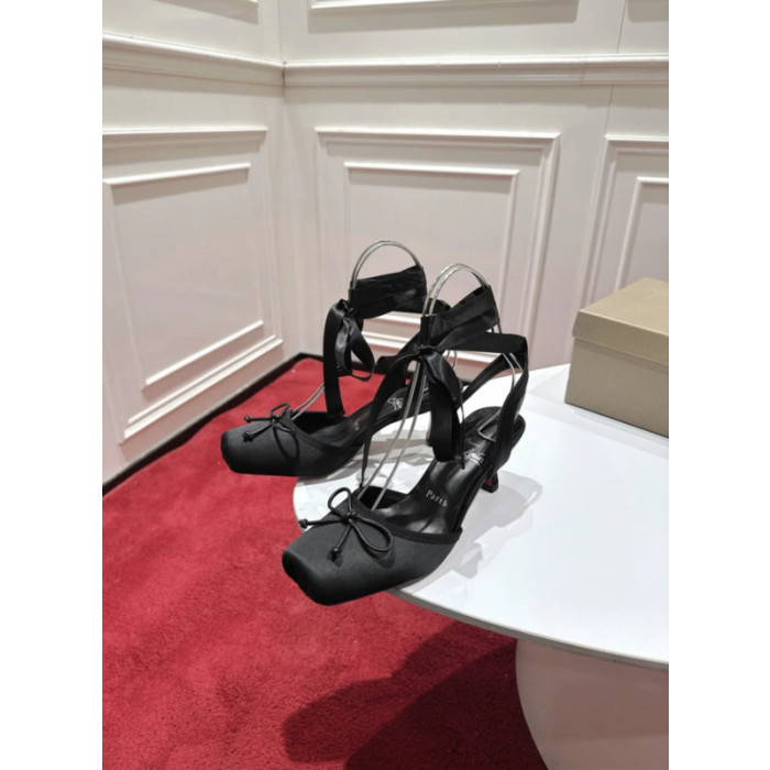 Christian Louboutin Black Satin Ankle Tie Bow Kitten Heel Pumps