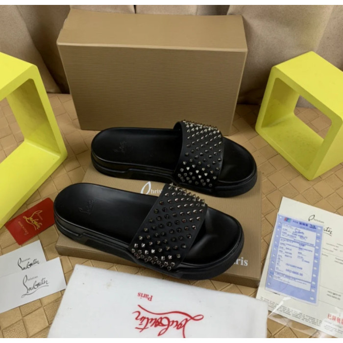 Christian Louboutin Black Silver‑Spiked Platform Slide Sandals