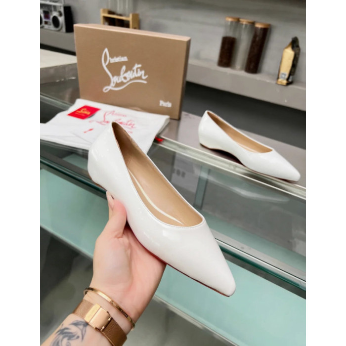 Christian Louboutin White Patent Leather Pointed‑Toe Low‑Wedge Heel Flats
