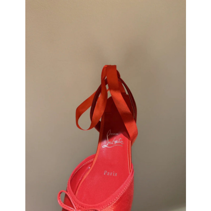 Christian Louboutin Red Satin Bow Tie‑Ankle Flat Ballet Sandals