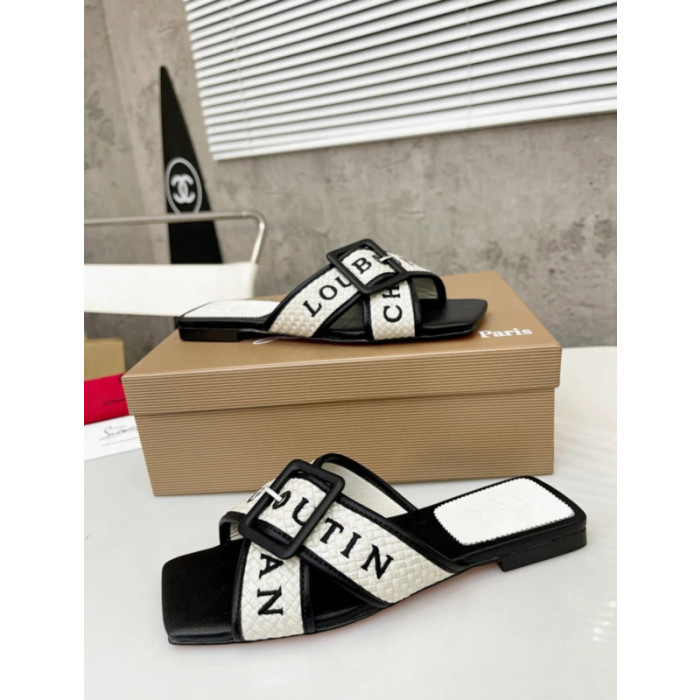 Christian Louboutin Black‑White Woven Flat Slide Sandals