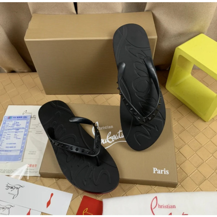 Christian Louboutin Black Embossed‑Logo Studded Flip‑Flop Sandals