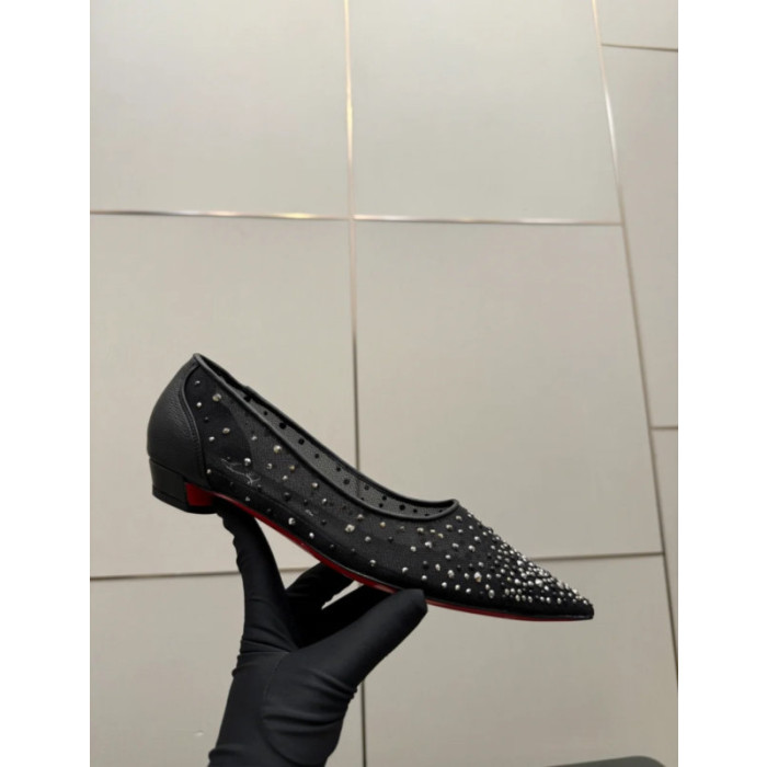 Christian Louboutin Black Mesh Crystal Pointed‑Toe Flat Shoes