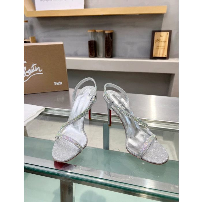 Christian Louboutin Silver Glitter Crystal‑Embellished 100mm heel Sandal