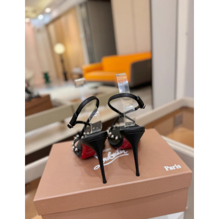 Christian Louboutin Black Leather Studded Crisscross Slingback High Heel Sandals
