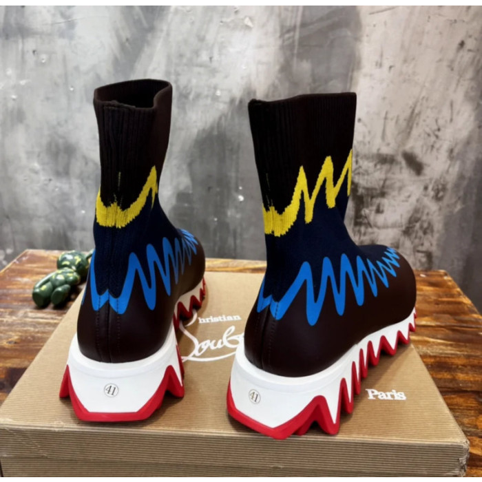 Christian Louboutin Colorful Zig‑Zag Knit Sock Ankle Boots Serrated Sole