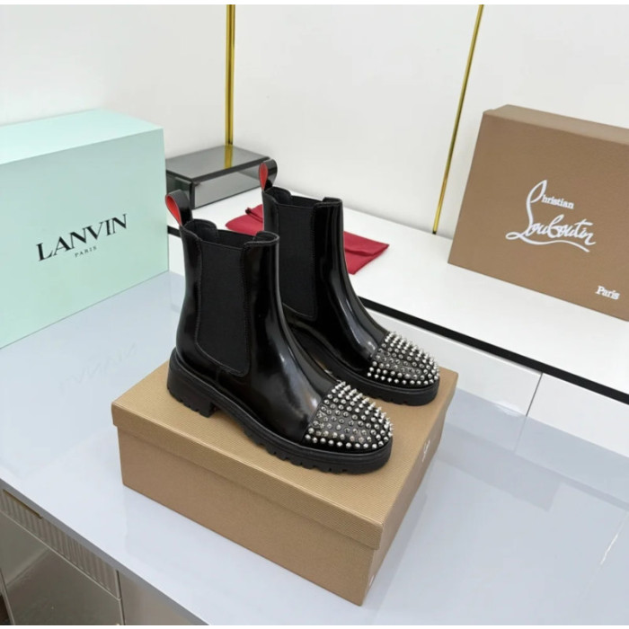 Christian Louboutin Black Patent Stud‑Cap Chelsea Ankle Boots