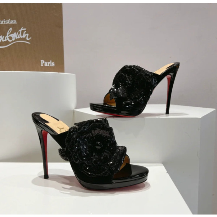 Christian Louboutin Black Sequin‑Flower 120mm Heel Platform Mule Sandals