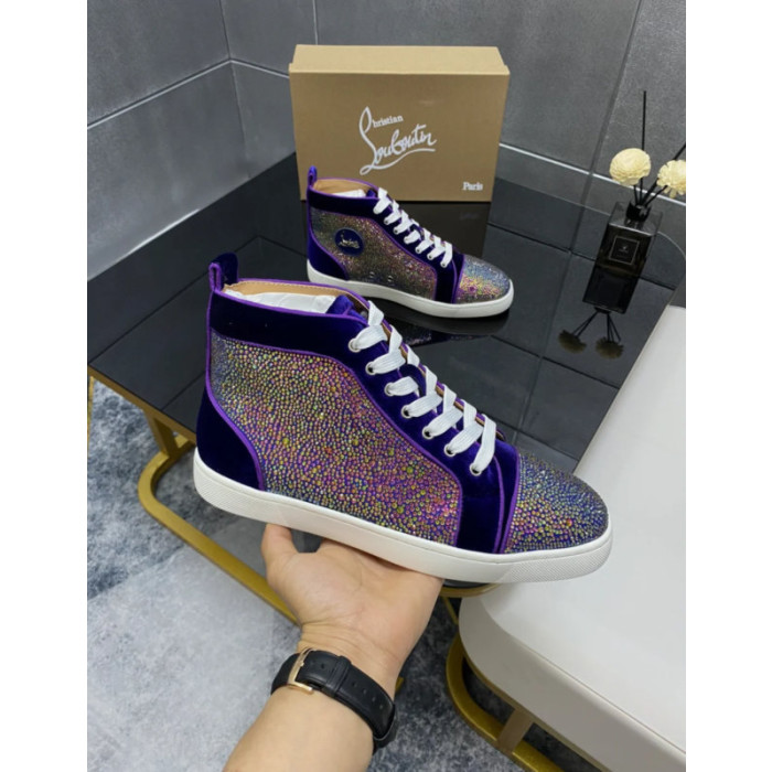 Christian Louboutin Purple Velvet Multicolor Rhinestone High‑Top Sneakers