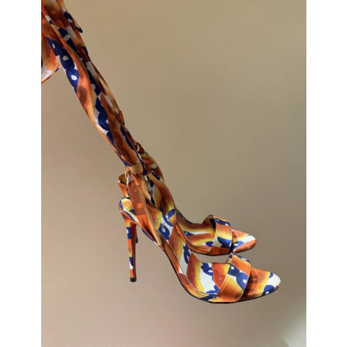 Christian Louboutin Abstract‑Print Satin 100mm Stiletto Heel Wrap‑Tie Sandals