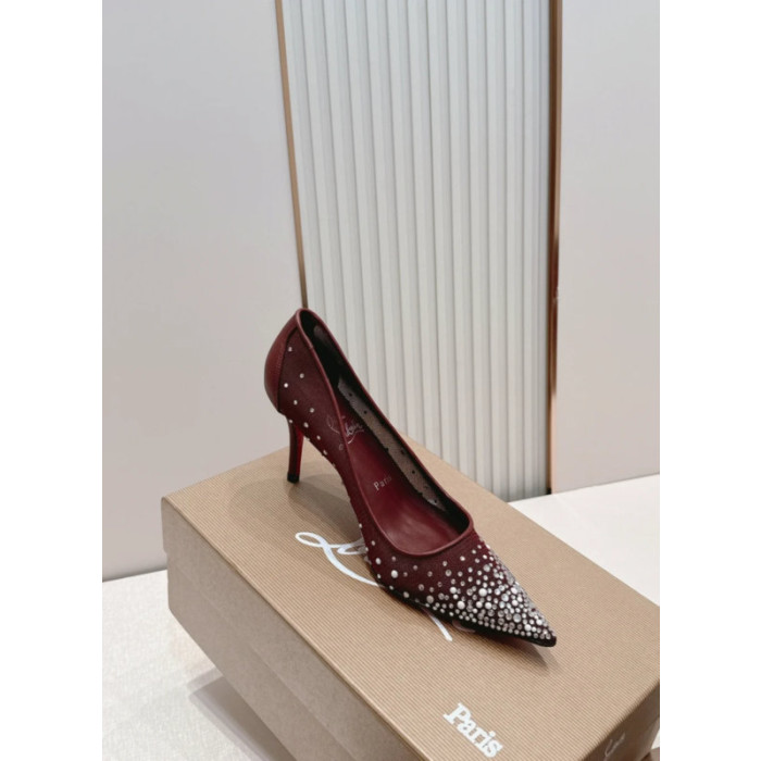 Christian Louboutin Burgundy Mesh Crystal 85mm Stiletto Heel Pointed‑Toe Pumps