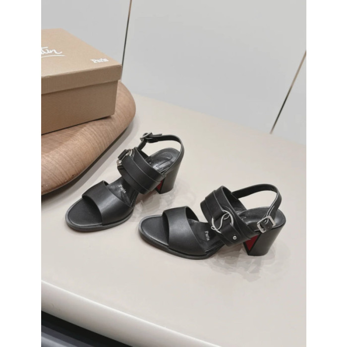 Christian Louboutin Black Leather Ankle‑Strap Block Heel Sandals 85mm heel