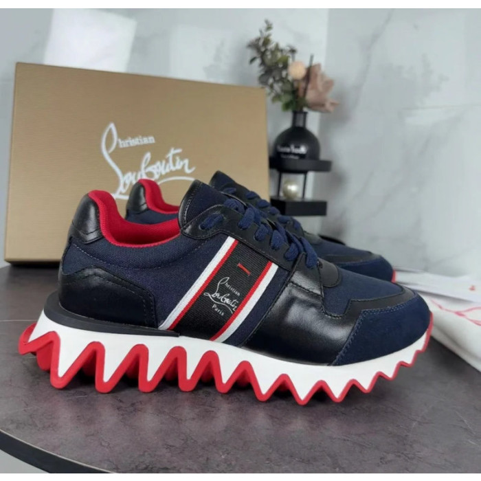 Christian Louboutin Navy‑Black Color‑Block Lace‑Up Sneakers Red Shark‑Tooth Sole