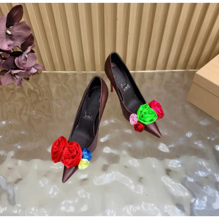 Christian Louboutin Burgundy Satin Multicolor Fabric Flower 100mm Stiletto Heel Pumps