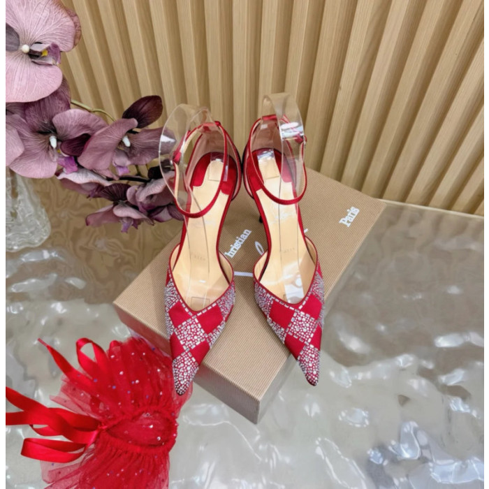 Christian Louboutin Red Satin Checkered Crystal‑Embellished 100mm Stiletto Heel Ankle‑Strap Pumps