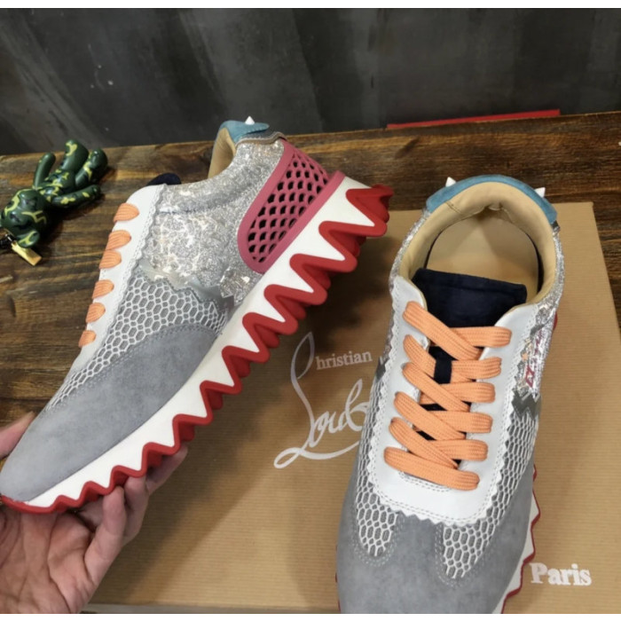 Christian Louboutin Multi‑Color Glitter‑Suede Mesh Lace‑Up Sneakers Red Shark‑Tooth Sole