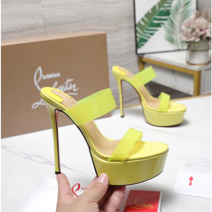 Christian Louboutin Neon Yellow Patent 150mm Clear‑Strap Platform Mule Heels