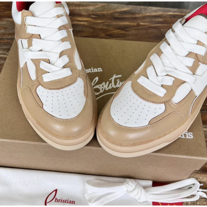 Christian Louboutin Beige White Mixed‑Media Spiked Low‑Top Sneakers