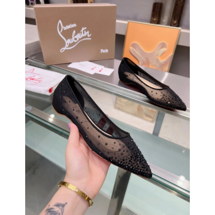 Christian Louboutin Black Mesh Crystal‑Dot Flat Pointed Pump