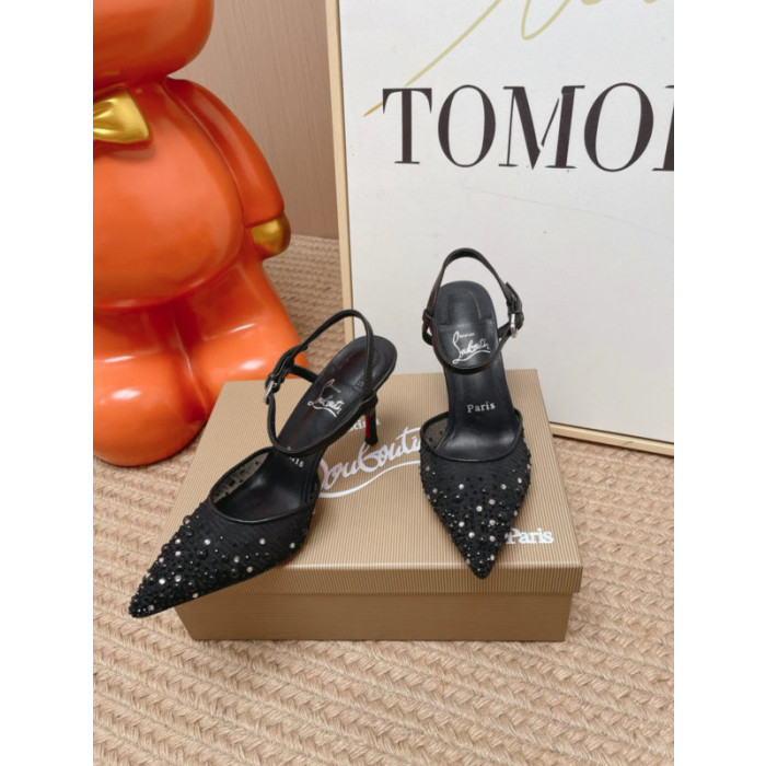 Christian Louboutin Black Mesh 80mm Apostropha Crystal‑Embellished Slingback Stiletto Heel Pumps