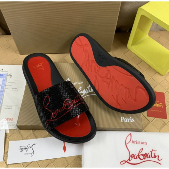 Christian Louboutin Black Crystal Slide Sandals With Red Signature Logo
