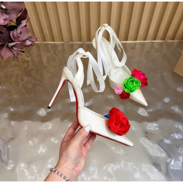 Christian Louboutin Ivory Satin Multicolor Rose Flower 100mm Stiletto Heel Slingback Pumps