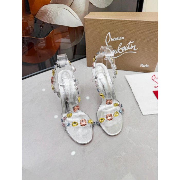Christian Louboutin Silver PVC Multicolor Crystal‑Embellished 100mm Stiletto Heel Sandals