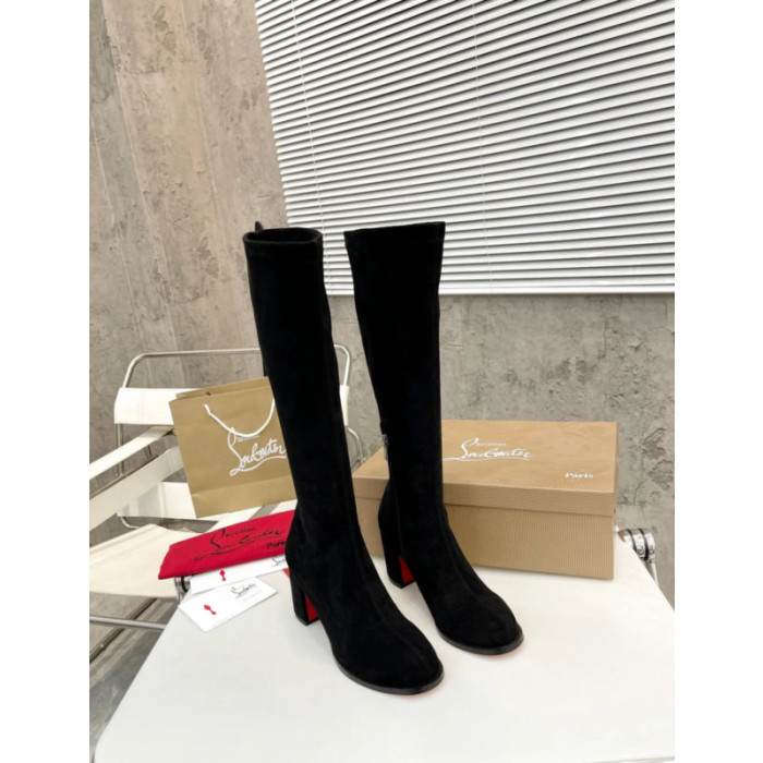 Christian Louboutin Black Suede 85mm heel Block‑Heel Knee‑High Boots