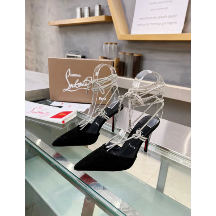Christian Louboutin Black Suede Crystal Ankle Tie 100mm High Heel Pumps
