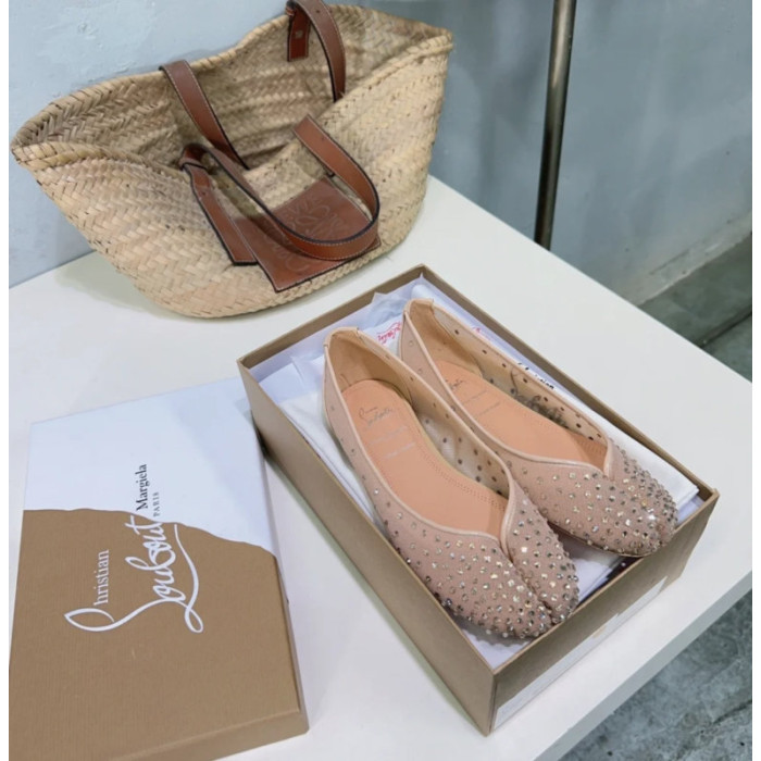 Christian Louboutin Nude Mesh Crystal‑Embellished Split‑Toe Ballet Flats