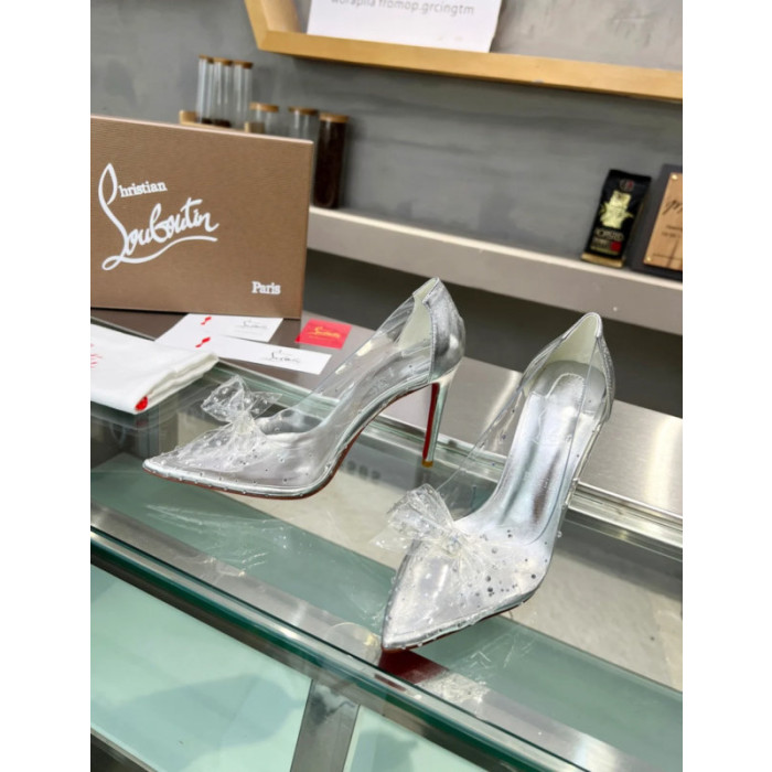 Christian Louboutin Silver Transparent PVC Bow Crystal Pointed‑Toe 100mm heel Pumps