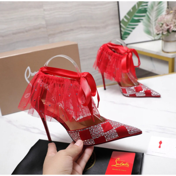 Christian Louboutin Red Satin Checkerboard Crystal Tulle Ruffle 100mm Stiletto Heel Pumps